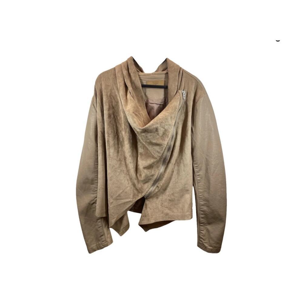 BLANK NYC Womens Size S Tan Drape Moto Front Faux Suede Asymmetrical Zip Jacket - Picture 2 of 7